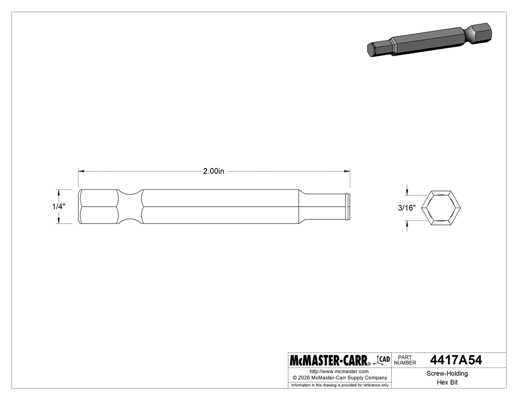 Technical Drawing of Screw-Holding Hex Bit, 1/4" Hex Shank for Power Tools, 3/16" Size.